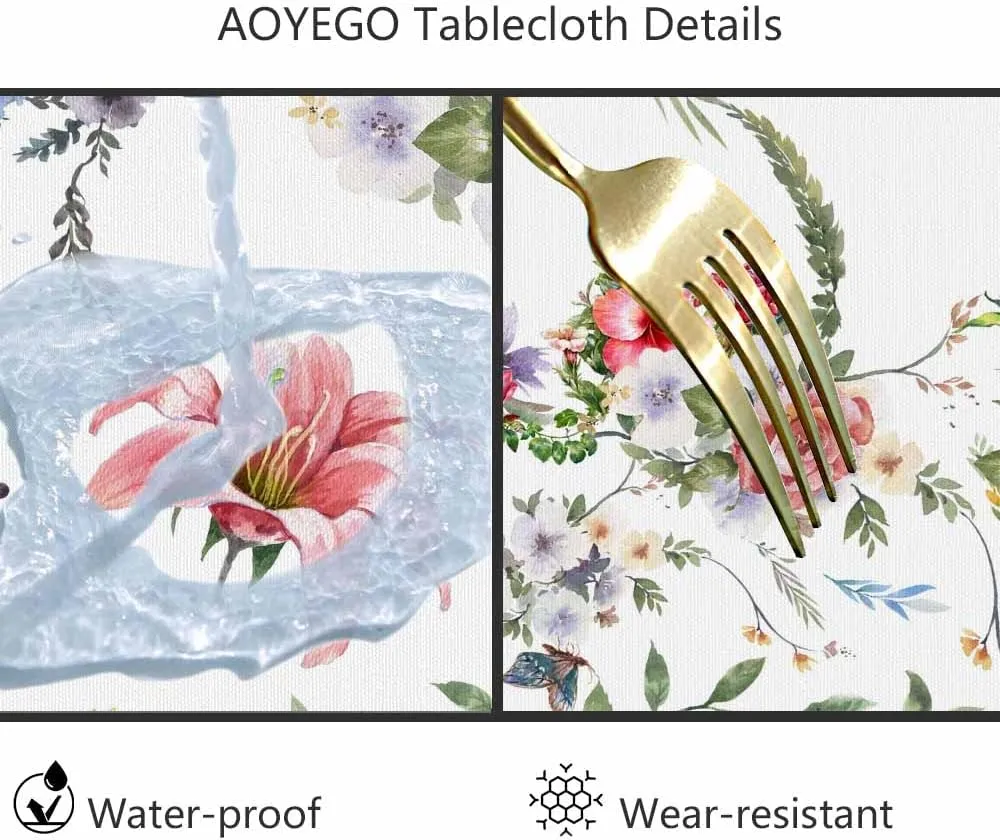 AOYEGO Colorful Flower Table Cloth Rose Lily Hibiscus Bouquet Branches Leaves Nature Spring Round Tablecloth 60 Inch for Dining Room, Party, Banquet