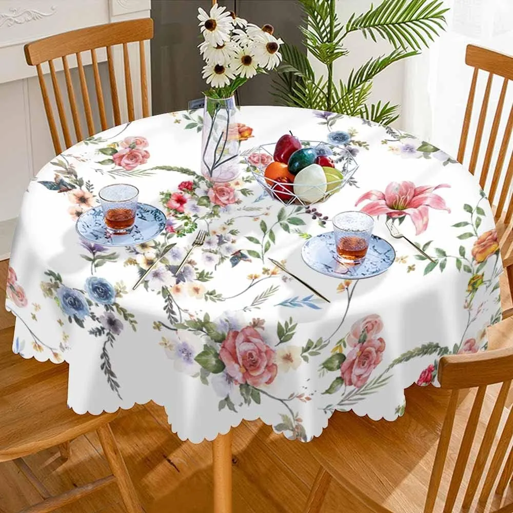 AOYEGO Colorful Flower Table Cloth Rose Lily Hibiscus Bouquet Branches Leaves Nature Spring Round Tablecloth 60 Inch for Dining Room, Party, Banquet