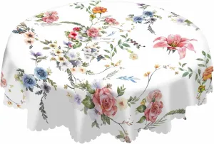 AOYEGO Colorful Flower Table Cloth Rose Lily Hibiscus Bouquet Branches Leaves Nature Spring Round Tablecloth 60 Inch for Dining Room, Party, Banquet