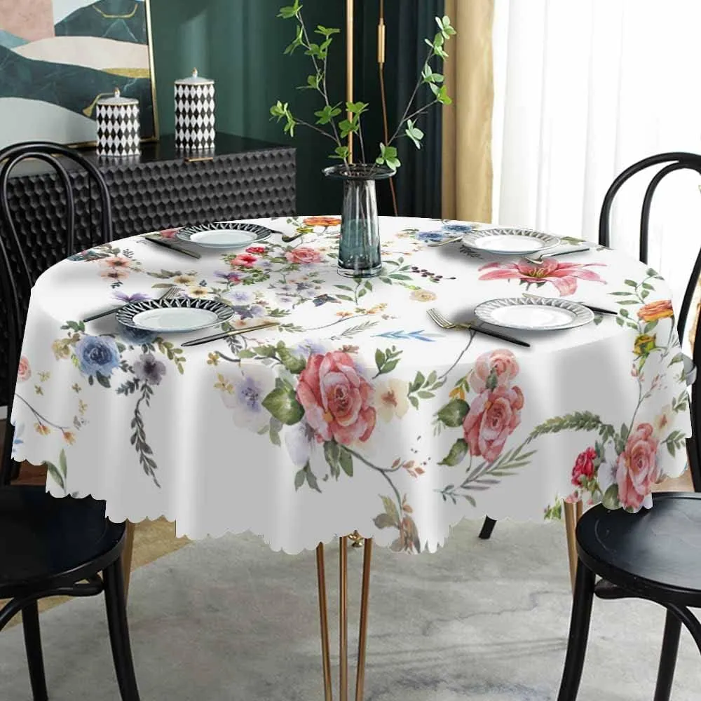 AOYEGO Colorful Flower Table Cloth Rose Lily Hibiscus Bouquet Branches Leaves Nature Spring Round Tablecloth 60 Inch for Dining Room, Party, Banquet