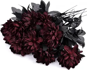 Artflower 10 Pack Artificial Silk Dahlia Bouquet with Long Stem, 16” Wine Red Fake Flower Floral Arrangements Wedding Bridal Bouquet for Halloween Harvest Festival Table Centerpieces Home Decor