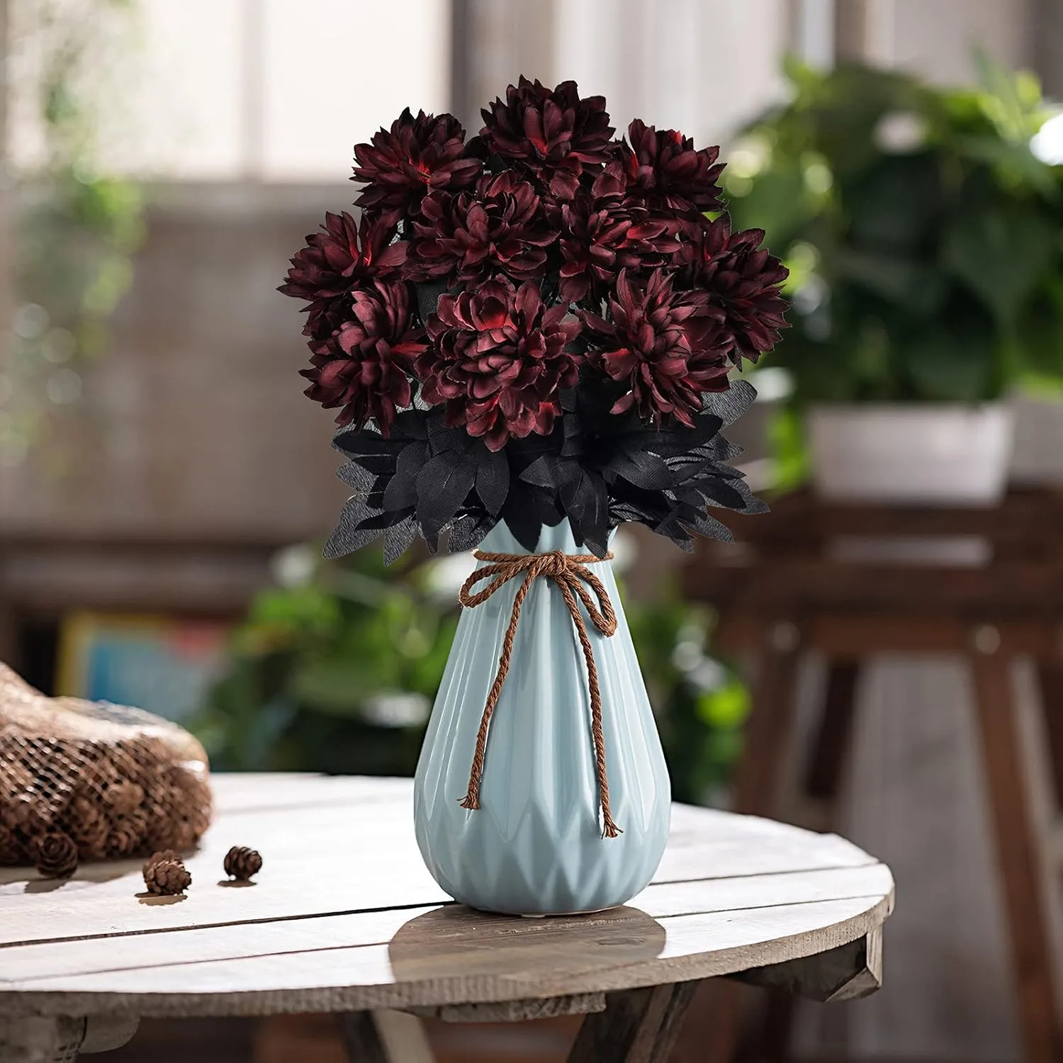 Artflower 10 Pack Artificial Silk Dahlia Bouquet with Long Stem, 16” Wine Red Fake Flower Floral Arrangements Wedding Bridal Bouquet for Halloween Harvest Festival Table Centerpieces Home Decor