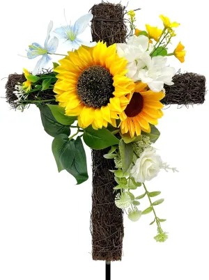 Artificial Cemetery Flowers Cross Yellow Memorial Grave Sunflowers Cross Stake Cemetery Decorations for Grave Memrial Day
