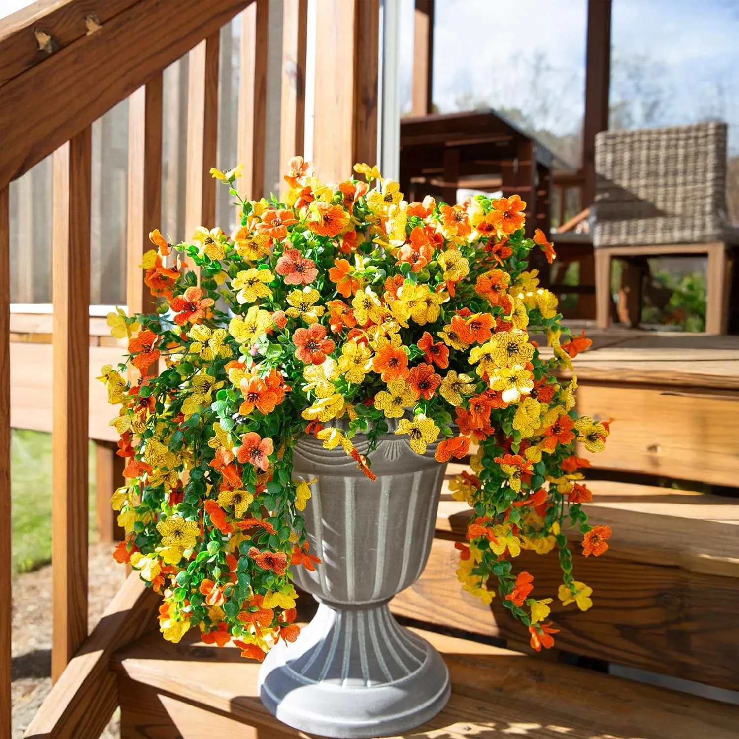 Artificial Faux Hanging Flowers Plants for Outdoors Decor, 2 PCS Outside Fake Silk Violets with Eucalyptus UV Resistant Look Real Daisy Trailing Vines for Planter Front Door Patio Yard, OrangeYellow
