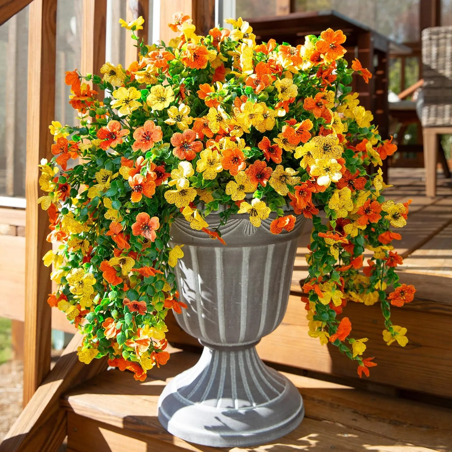 Artificial Faux Hanging Flowers Plants for Outdoors Decor, 2 PCS Outside Fake Silk Violets with Eucalyptus UV Resistant Look Real Daisy Trailing Vines for Planter Front Door Patio Yard, OrangeYellow