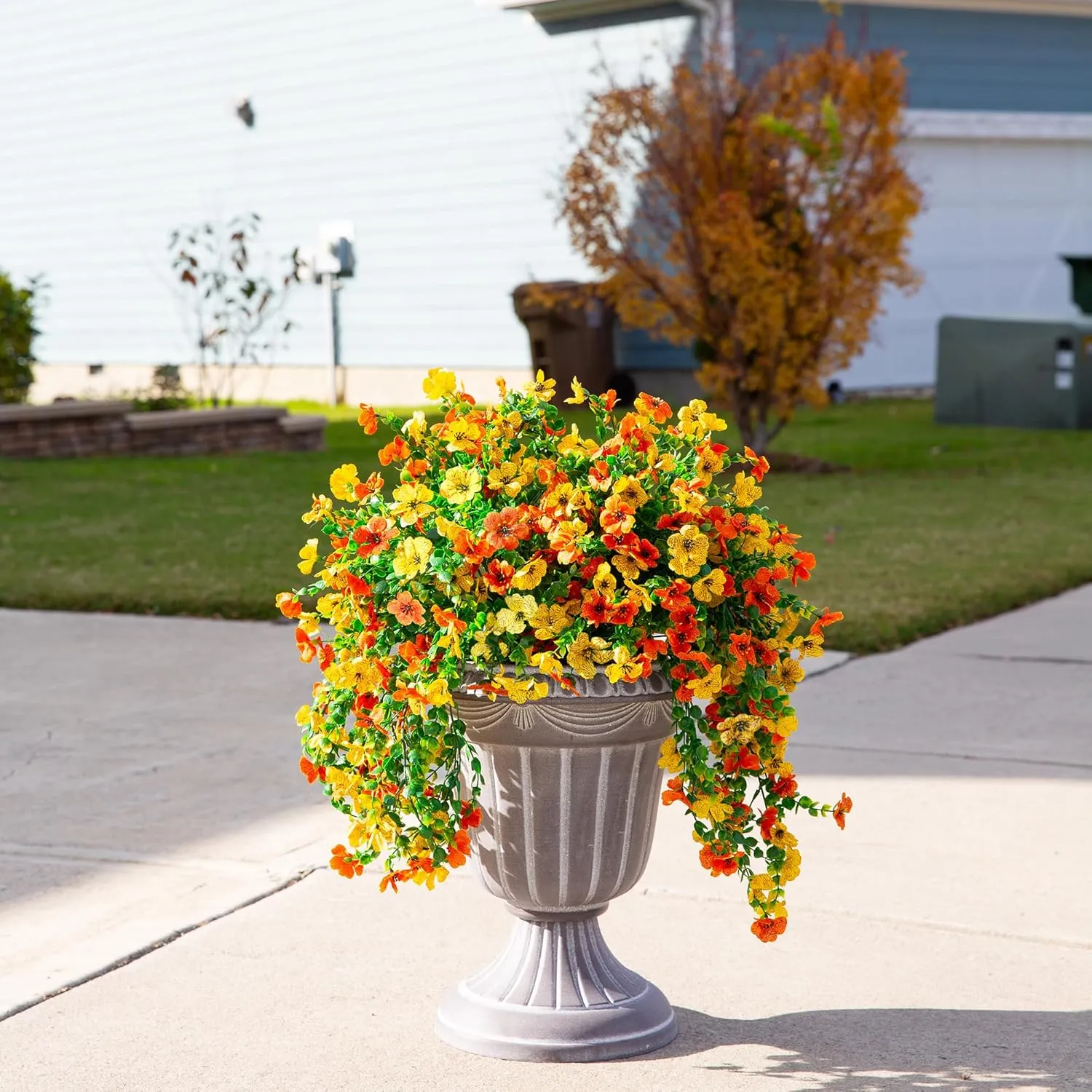 Artificial Faux Hanging Flowers Plants for Outdoors Decor, 2 PCS Outside Fake Silk Violets with Eucalyptus UV Resistant Look Real Daisy Trailing Vines for Planter Front Door Patio Yard, OrangeYellow