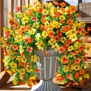 Artificial Faux Hanging Flowers Plants for Outdoors Decor, 2 PCS Outside Fake Silk Violets with Eucalyptus UV Resistant Look Real Daisy Trailing Vines for Planter Front Door Patio Yard, OrangeYellow