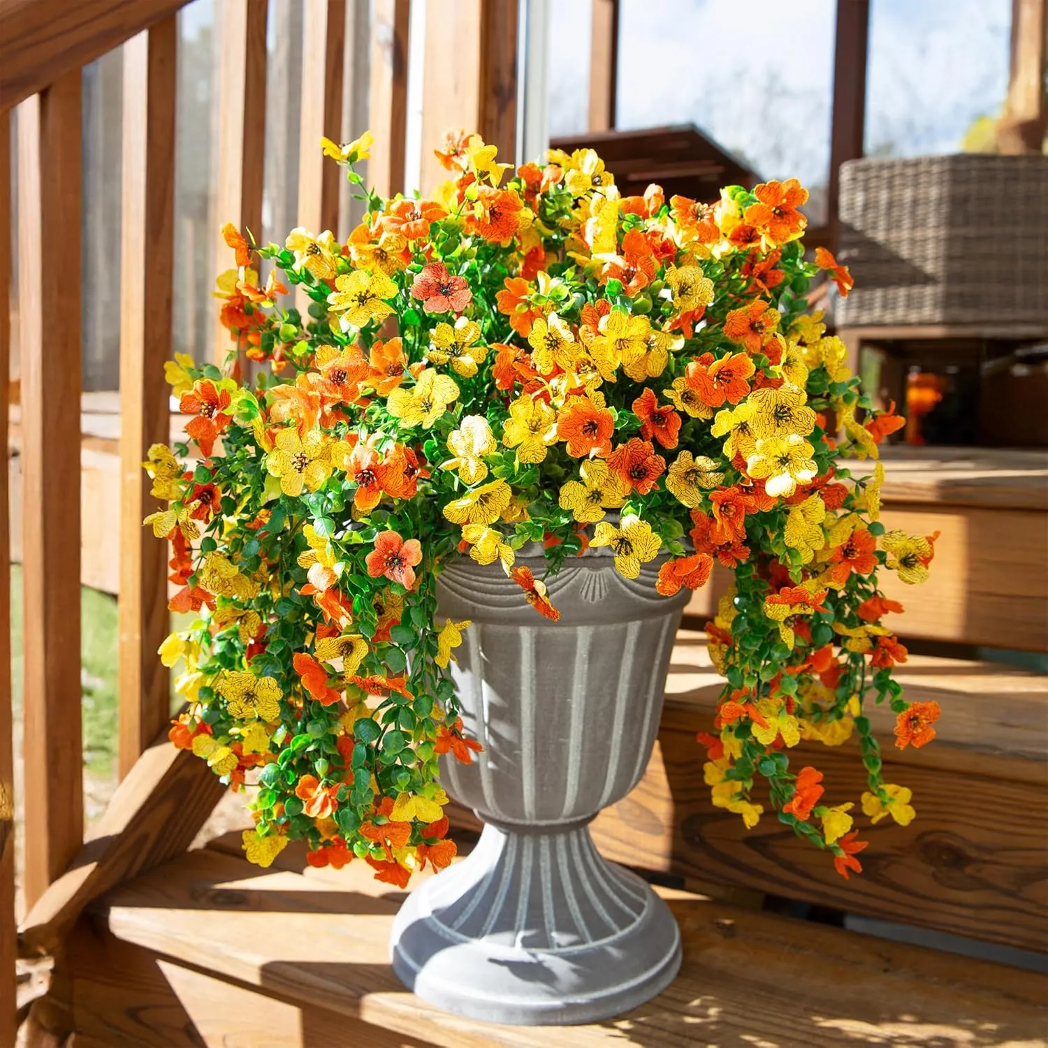Artificial Faux Hanging Flowers Plants for Outdoors Decor, 2 PCS Outside Fake Silk Violets with Eucalyptus UV Resistant Look Real Daisy Trailing Vines for Planter Front Door Patio Yard, OrangeYellow