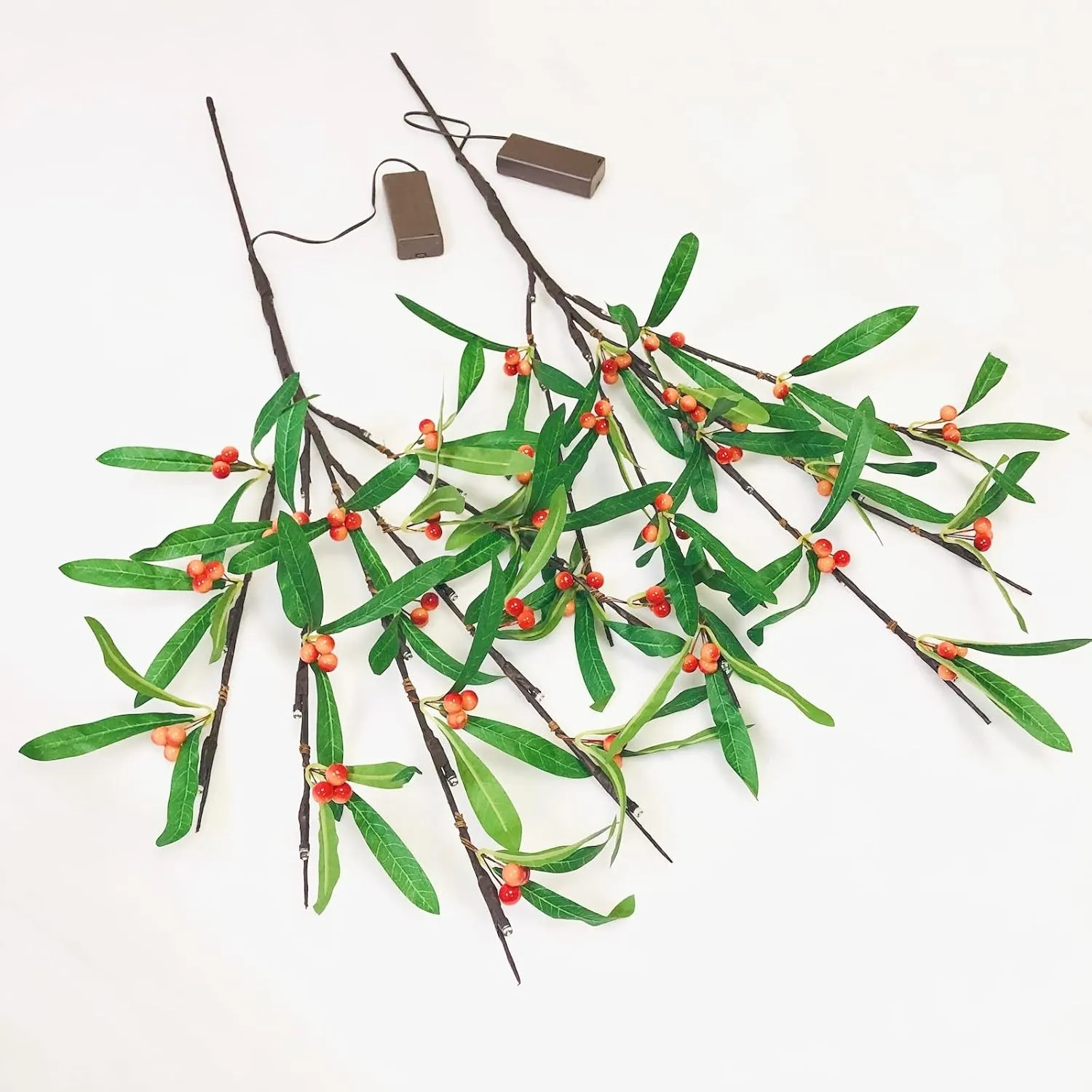 Artificial Flower Leaves Holly Berries Twig Light,30 Inch 20 LED Flexible Red Berries Branch Lights Battery Operated Warm White Fairy Lights for Birthday Christmas Vase Decor (Green Olive Leaf)