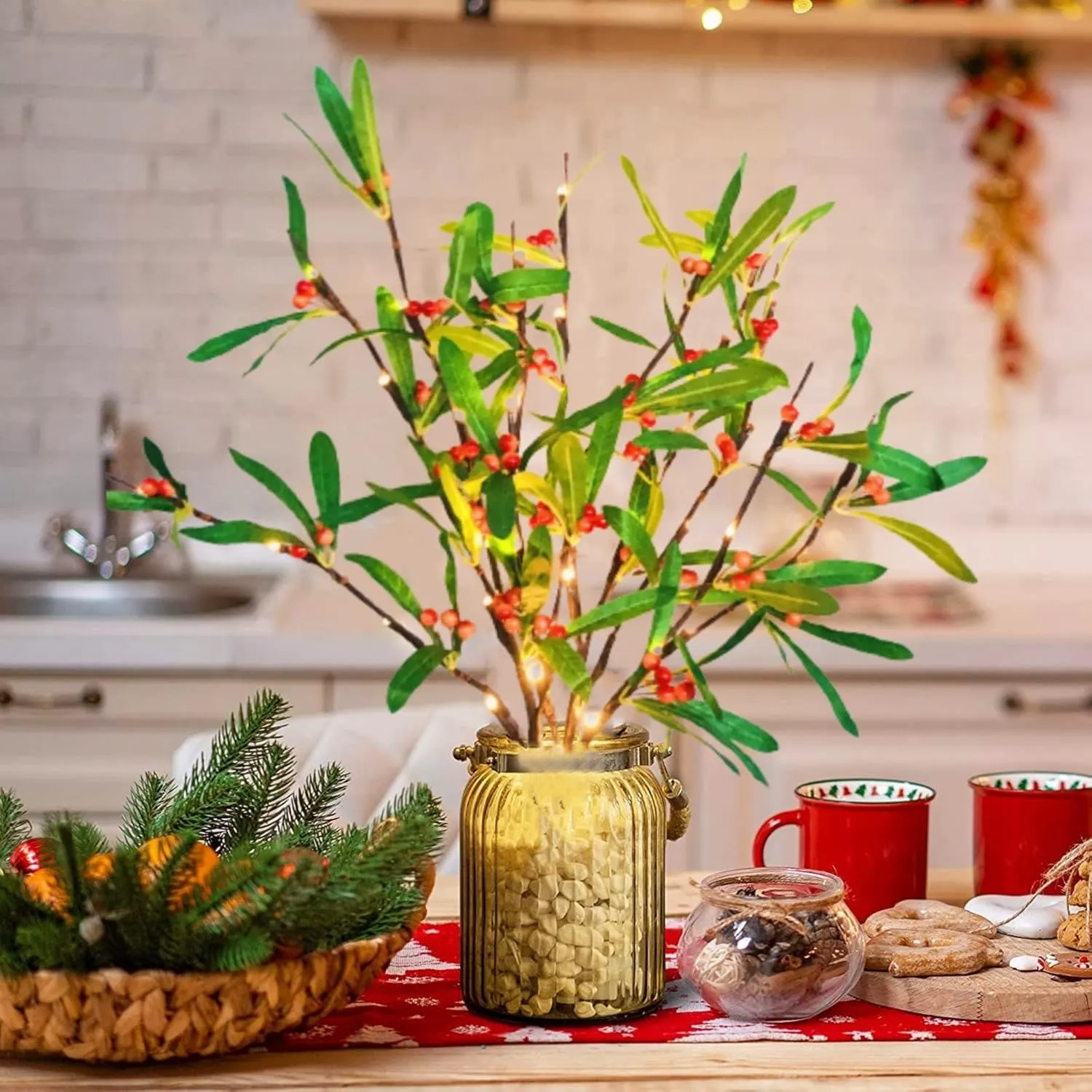 Artificial Flower Leaves Holly Berries Twig Light,30 Inch 20 LED Flexible Red Berries Branch Lights Battery Operated Warm White Fairy Lights for Birthday Christmas Vase Decor (Green Olive Leaf)