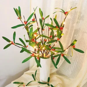 Artificial Flower Leaves Holly Berries Twig Light,30 Inch 20 LED Flexible Red Berries Branch Lights Battery Operated Warm White Fairy Lights for Birthday Christmas Vase Decor (Green Olive Leaf)