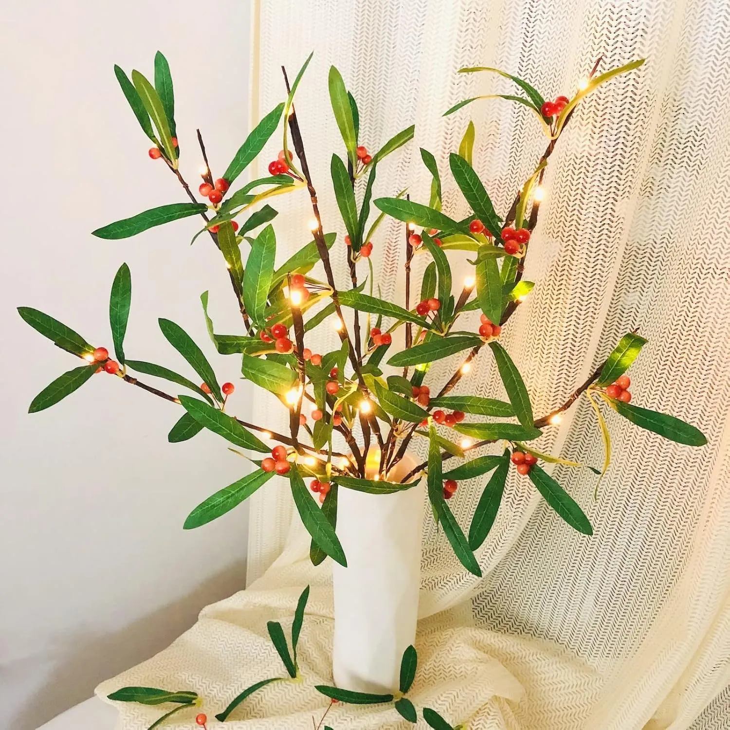 Artificial Flower Leaves Holly Berries Twig Light,30 Inch 20 LED Flexible Red Berries Branch Lights Battery Operated Warm White Fairy Lights for Birthday Christmas Vase Decor (Green Olive Leaf)