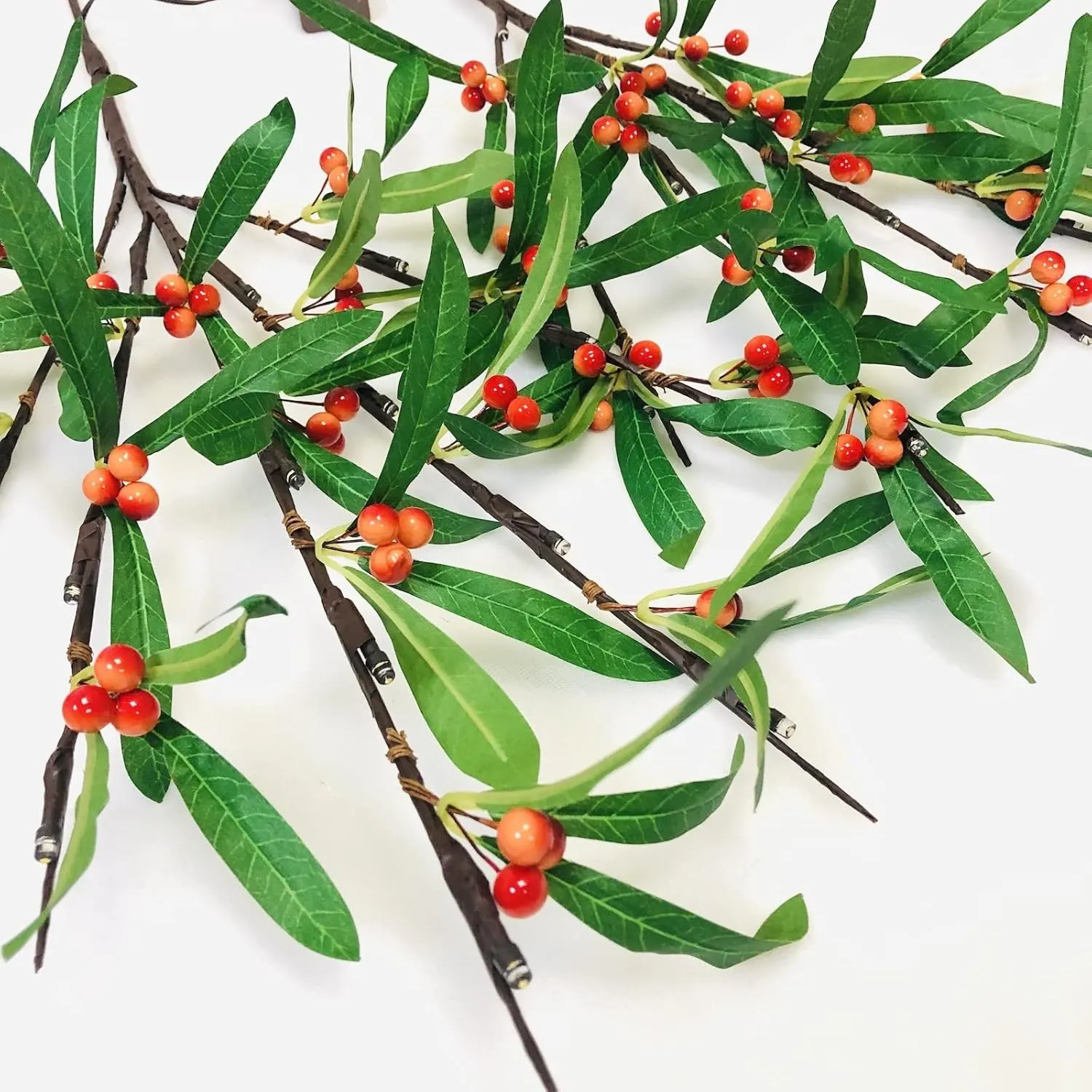 Artificial Flower Leaves Holly Berries Twig Light,30 Inch 20 LED Flexible Red Berries Branch Lights Battery Operated Warm White Fairy Lights for Birthday Christmas Vase Decor (Green Olive Leaf)