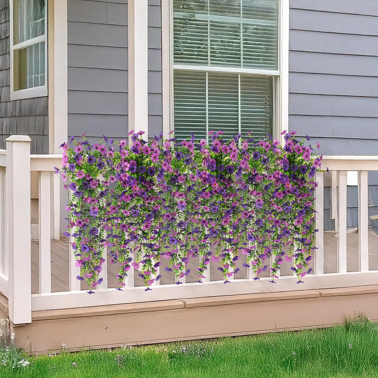 Artificial Hanging Flowers for Outdoors, 2 Pcs Fake Hanging Plant Spring Summer Decor, UV Resistant No Fade Faux Flower for Front Door Porch Planter Patio Yard Garden(Double Purple)