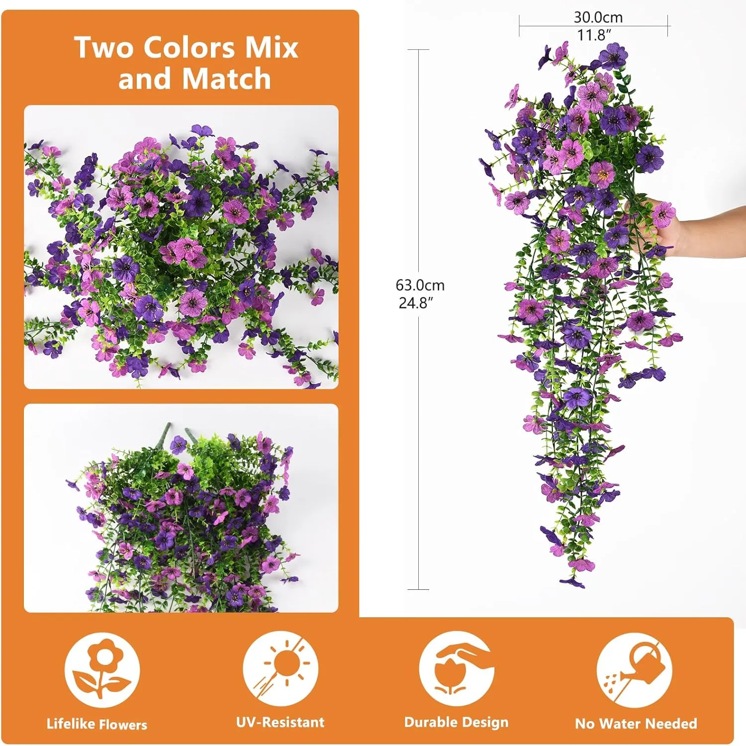 Artificial Hanging Flowers for Outdoors, 2 Pcs Fake Hanging Plant Spring Summer Decor, UV Resistant No Fade Faux Flower for Front Door Porch Planter Patio Yard Garden(Double Purple)