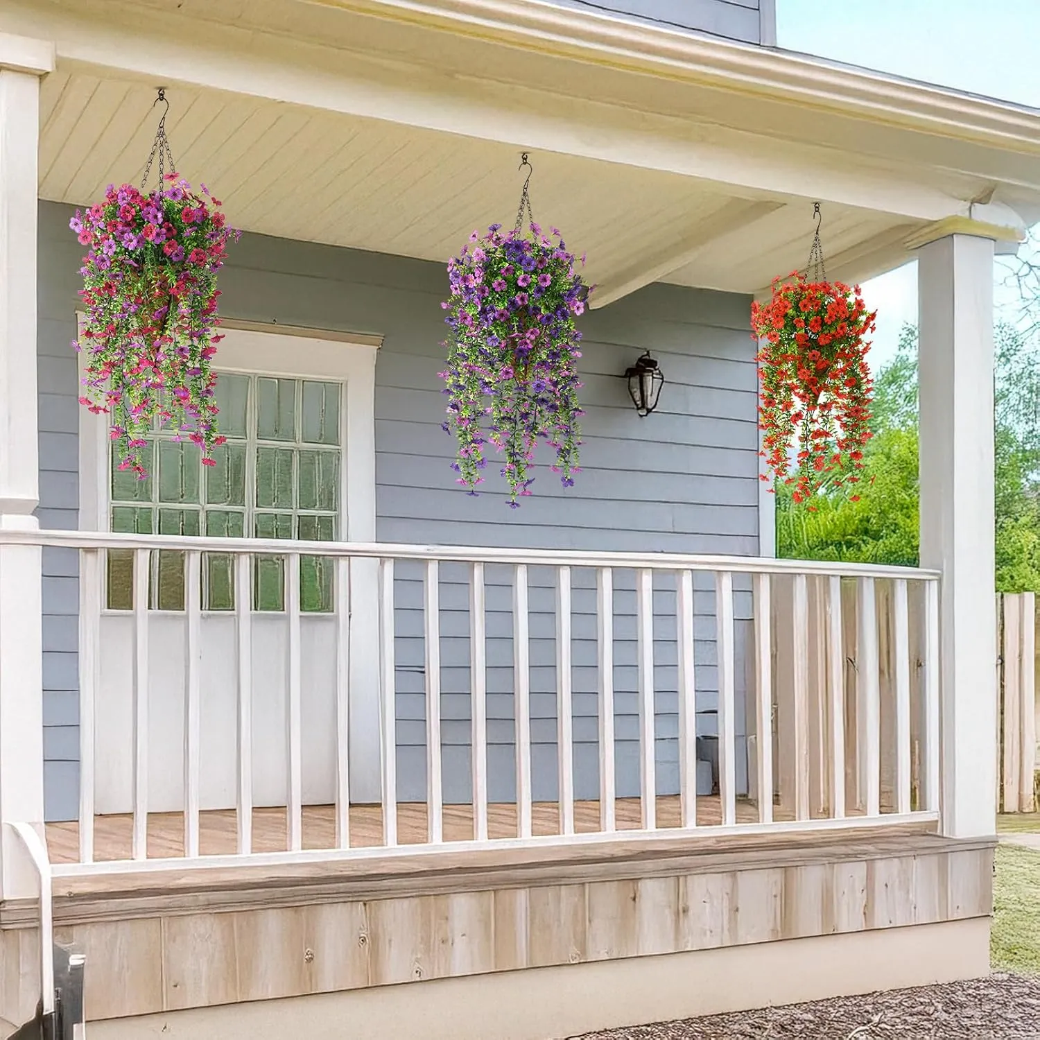 Artificial Hanging Flowers for Outdoors, 2 Pcs Fake Hanging Plant Spring Summer Decor, UV Resistant No Fade Faux Flower for Front Door Porch Planter Patio Yard Garden(Double Purple)