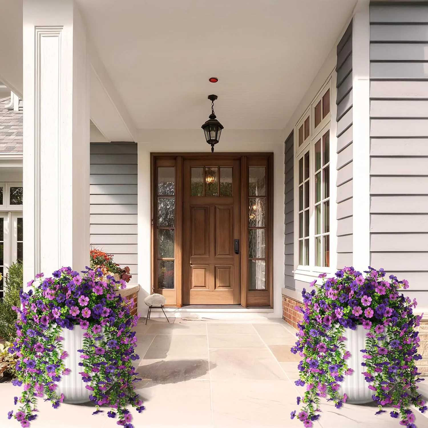 Artificial Hanging Flowers for Outdoors, 2 Pcs Fake Hanging Plant Spring Summer Decor, UV Resistant No Fade Faux Flower for Front Door Porch Planter Patio Yard Garden(Double Purple)