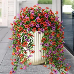 Artificial Hanging Flowers for Outdoors, 2 Pcs Fake Hanging Plant Spring Summer Decor, UV Resistant No Fade Realistic Faux Flower for Front Door Porch Planter Patio Garden Yard(Red Purple)