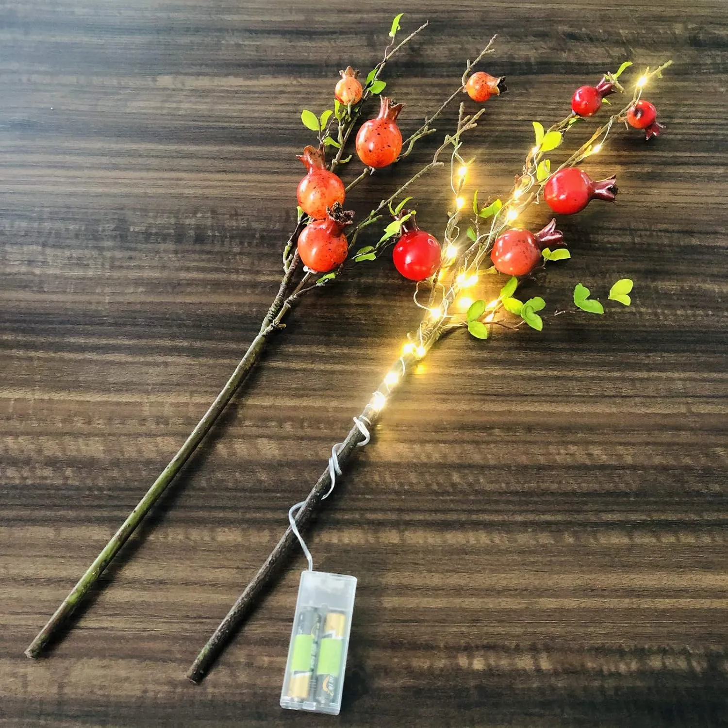 Artificial Pomegranate Branches with LED String Light Red Fake Pomegranate Tree Berries Plants Flower Fruit DIY Decor Kitchen Party Home Table Wreath Vase Flower Arrangement (Red, 2 Pack)