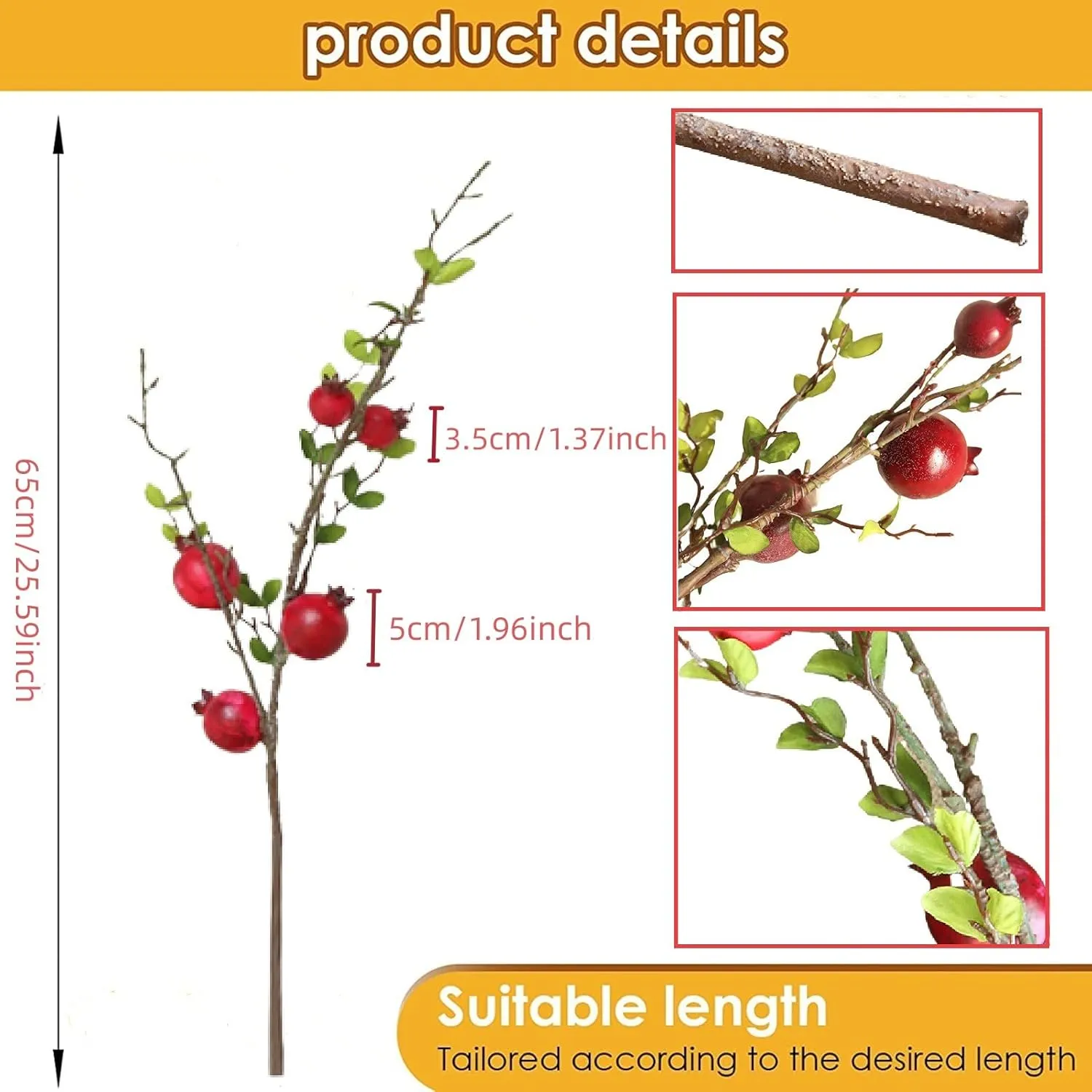 Artificial Pomegranate Branches with LED String Light Red Fake Pomegranate Tree Berries Plants Flower Fruit DIY Decor Kitchen Party Home Table Wreath Vase Flower Arrangement (Red, 2 Pack)