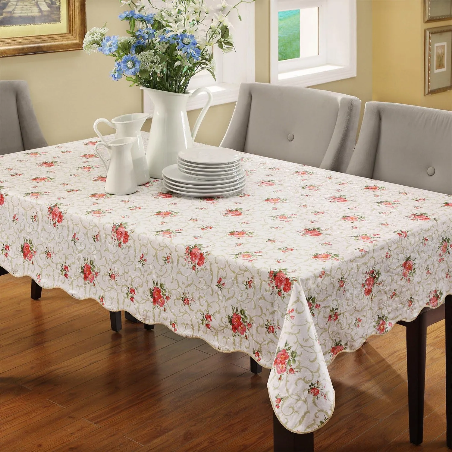 Artisan Flair AF6090-094 Red Flower Flannel Backed Vinyl Tablecloth Waterproof Oblong(Rectangle) (60-Inch by 90-Inch )