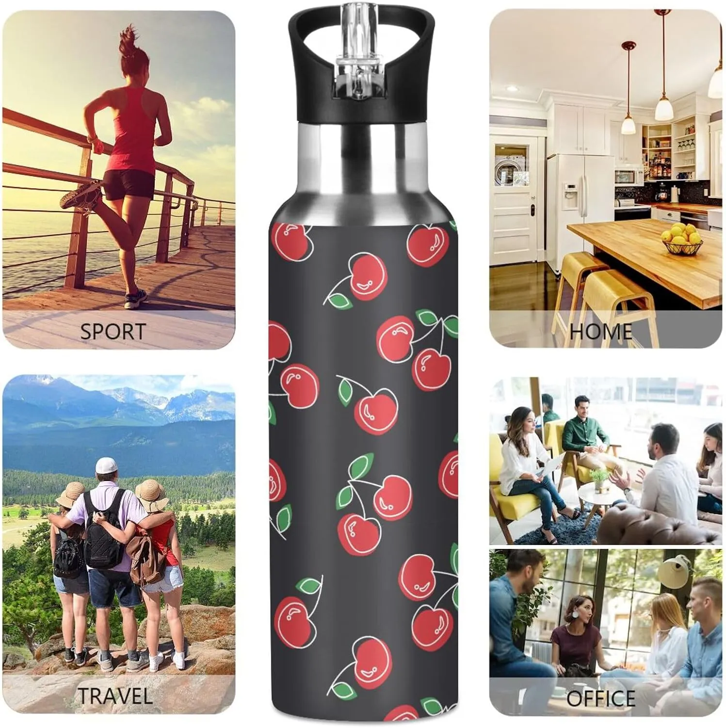 Aslsiy 32oz Sports Water Bottle Red Cherries Cute Insulated Water Bottle Black Stainless Steel Gym Bottle Metal Water Flask Thermos