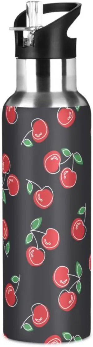 Aslsiy 32oz Sports Water Bottle Red Cherries Cute Insulated Water Bottle Black Stainless Steel Gym Bottle Metal Water Flask Thermos