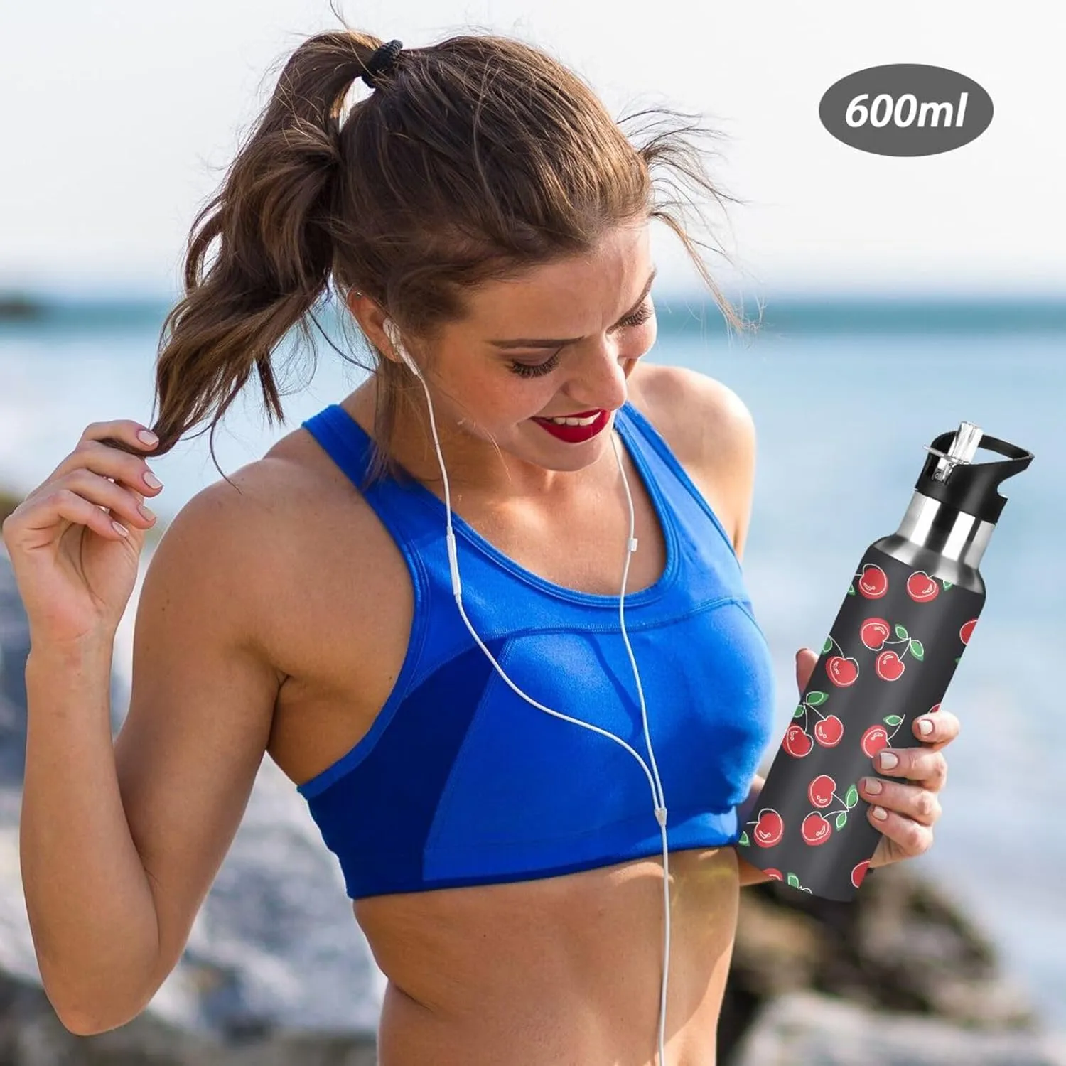 Aslsiy 32oz Sports Water Bottle Red Cherries Cute Insulated Water Bottle Black Stainless Steel Gym Bottle Metal Water Flask Thermos