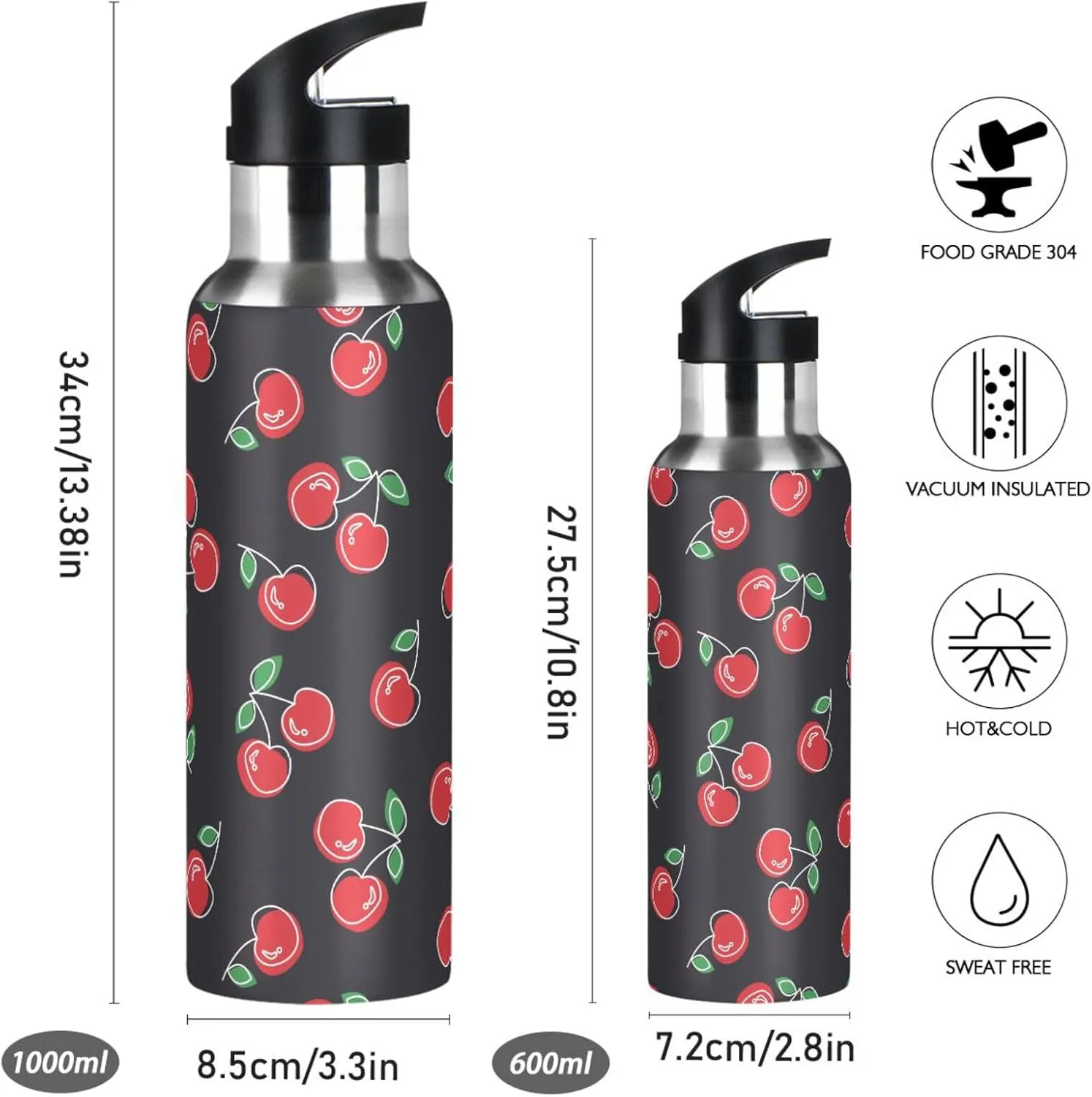 Aslsiy 32oz Sports Water Bottle Red Cherries Cute Insulated Water Bottle Black Stainless Steel Gym Bottle Metal Water Flask Thermos