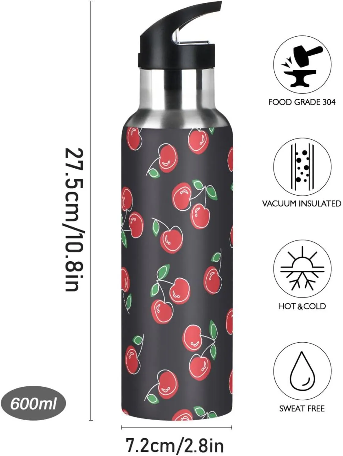 Aslsiy 32oz Sports Water Bottle Red Cherries Cute Insulated Water Bottle Black Stainless Steel Gym Bottle Metal Water Flask Thermos