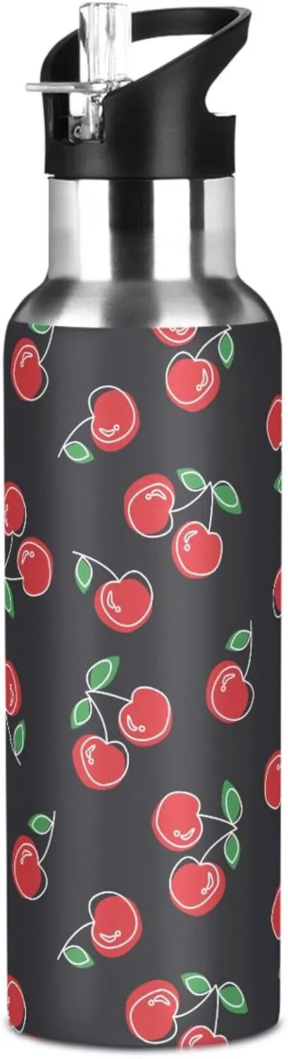 Aslsiy 32oz Sports Water Bottle Red Cherries Cute Insulated Water Bottle Black Stainless Steel Gym Bottle Metal Water Flask Thermos
