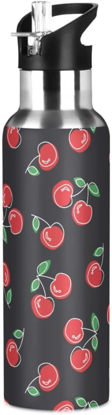 Aslsiy 32oz Sports Water Bottle Red Cherries Cute Insulated Water Bottle Black Stainless Steel Gym Bottle Metal Water Flask Thermos