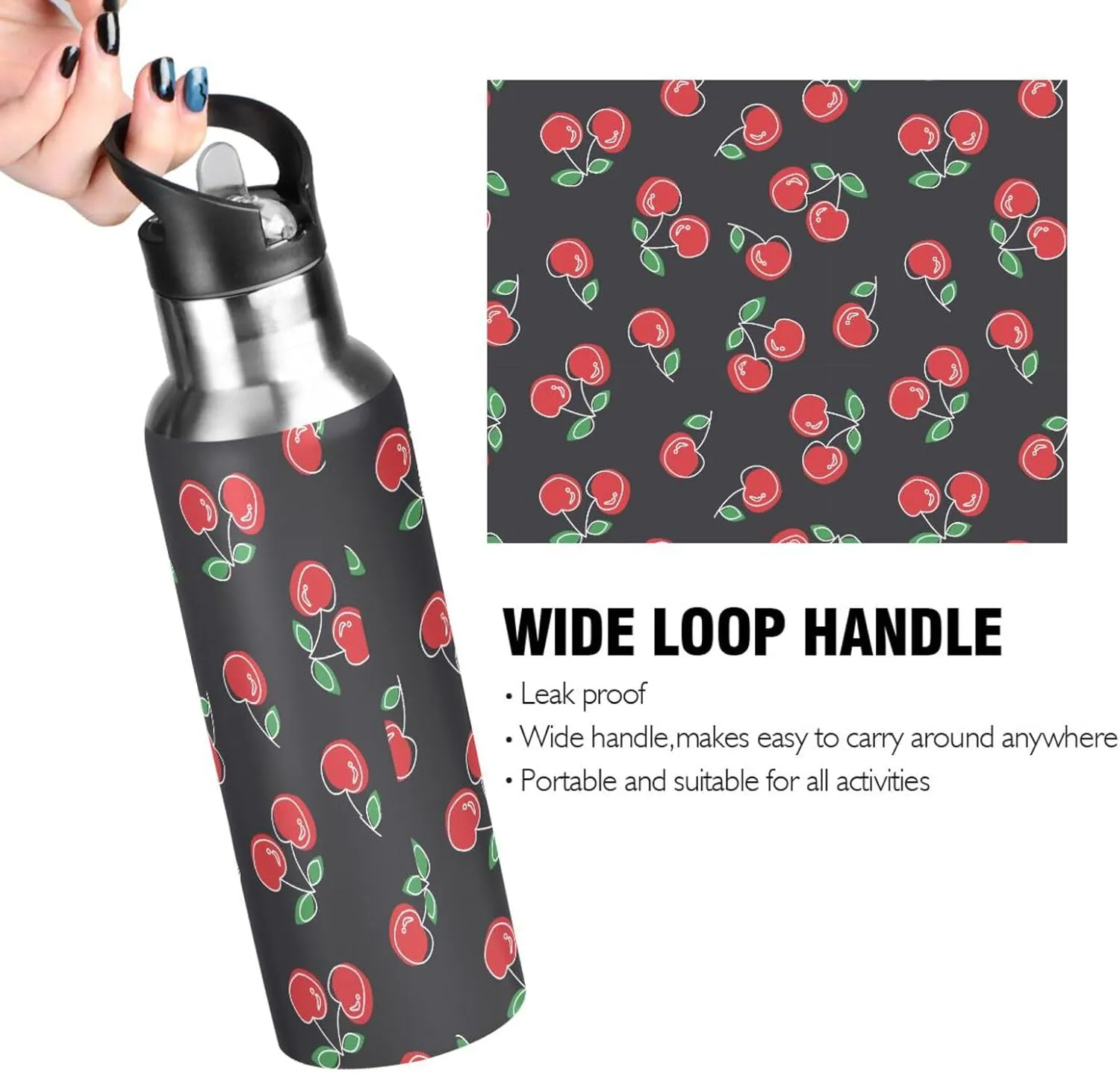 Aslsiy 32oz Sports Water Bottle Red Cherries Cute Insulated Water Bottle Black Stainless Steel Gym Bottle Metal Water Flask Thermos