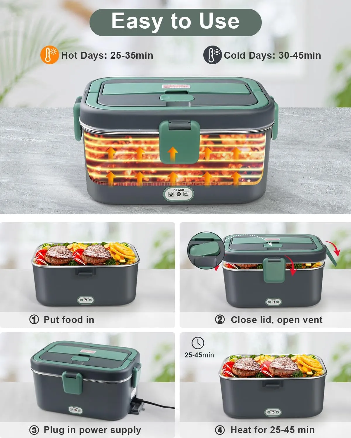 AUTOPkio 1.8L Electric Lunch Box for Adults, 12V/24V/110V Portable Food Warmer with Carry Bag & Fork Spoon, 80W Fast Heating for Car, Truck, Office & Travel