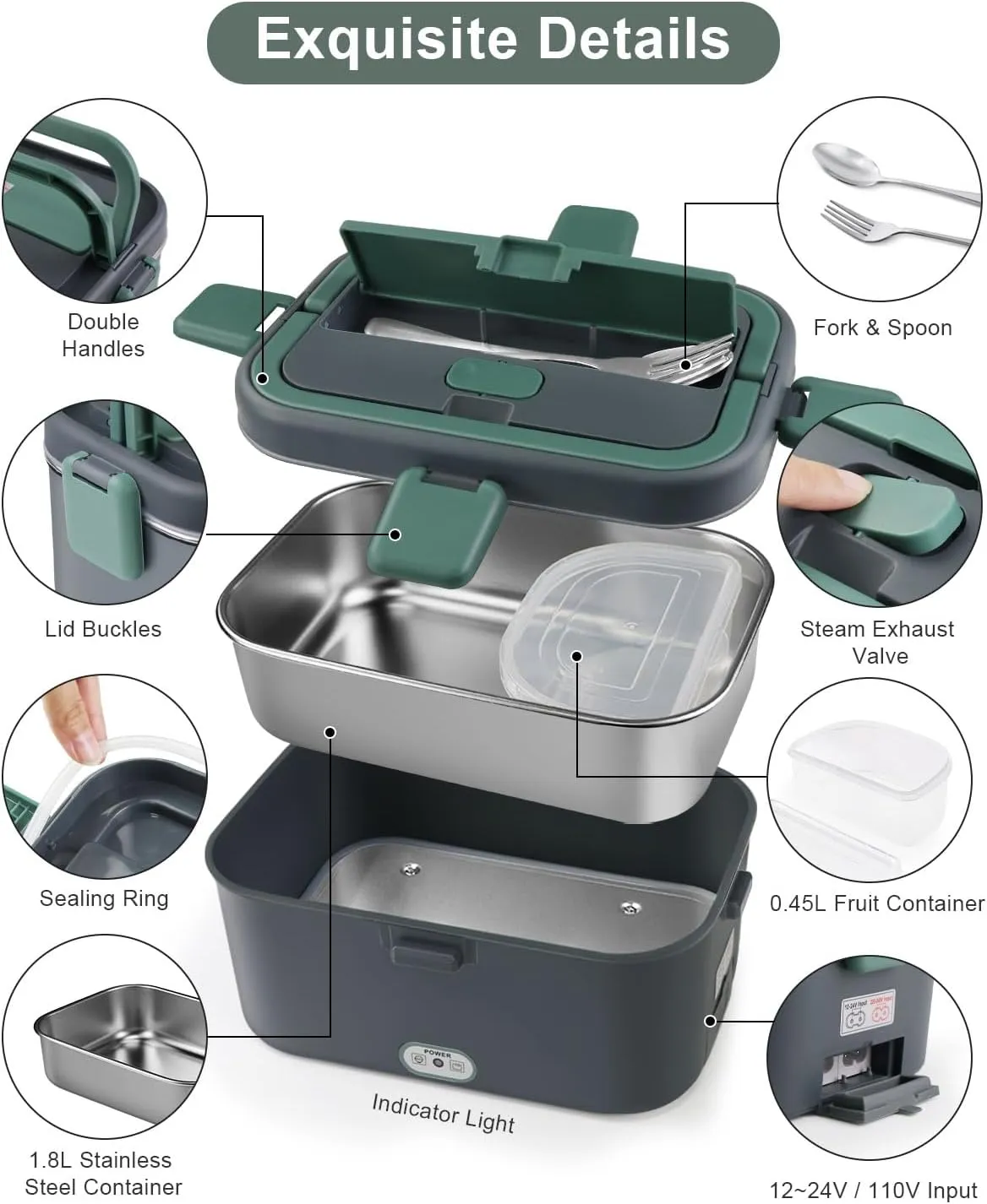 AUTOPkio 1.8L Electric Lunch Box for Adults, 12V/24V/110V Portable Food Warmer with Carry Bag & Fork Spoon, 80W Fast Heating for Car, Truck, Office & Travel