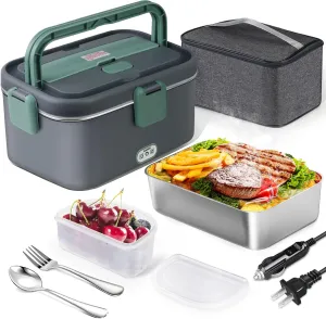 AUTOPkio 1.8L Electric Lunch Box for Adults, 12V/24V/110V Portable Food Warmer with Carry Bag & Fork Spoon, 80W Fast Heating for Car, Truck, Office & Travel
