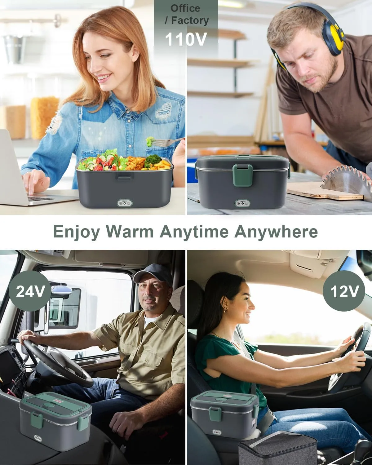 AUTOPkio 1.8L Electric Lunch Box for Adults, 12V/24V/110V Portable Food Warmer with Carry Bag & Fork Spoon, 80W Fast Heating for Car, Truck, Office & Travel
