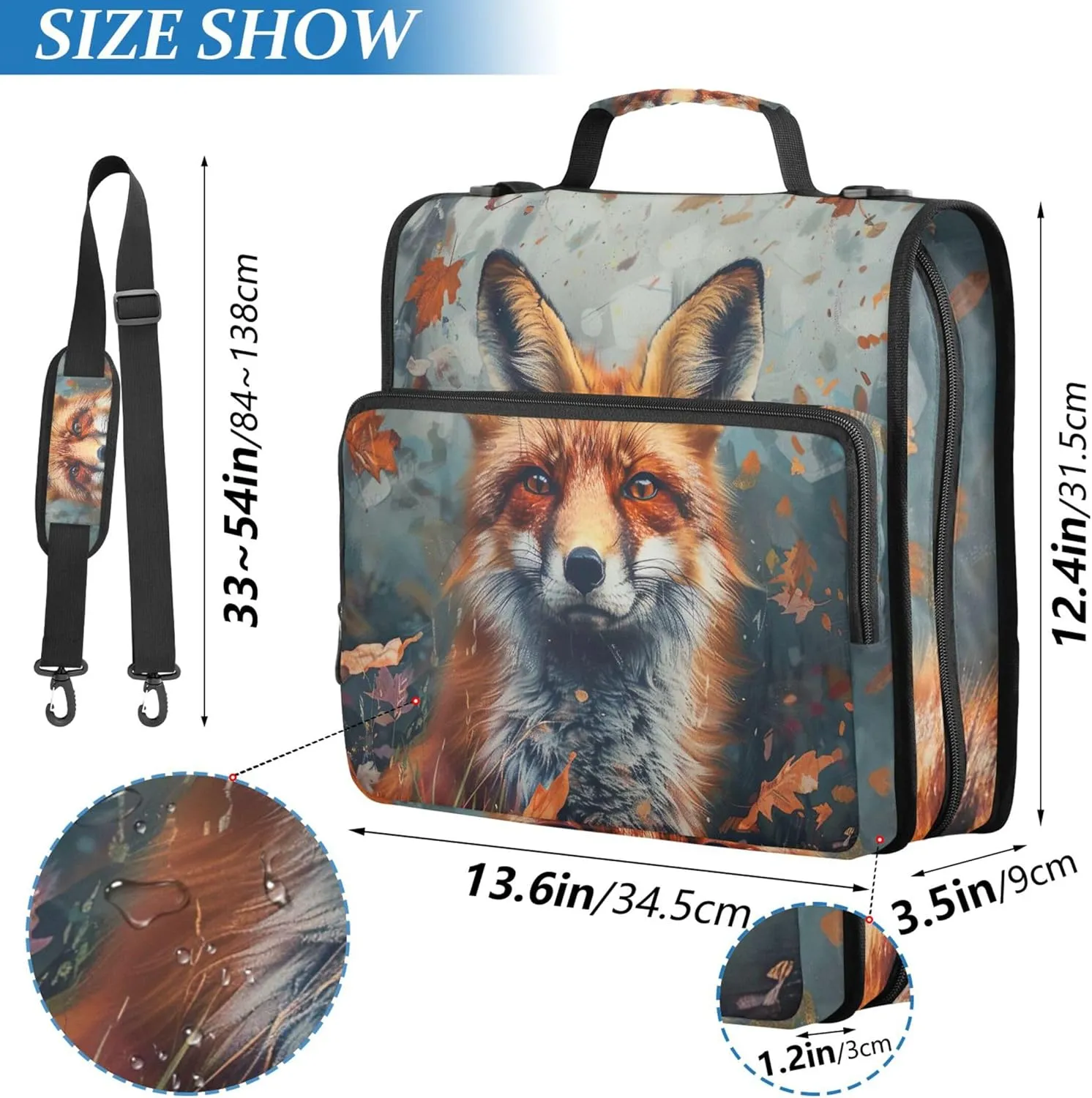 Autumn Forest Fox 3 Ring Binders 1.5 Inch D Ring Binder Zipper Organizer School Binders Bag with Shoulder Strap Print Multi Pockets Large Portfolio Folder