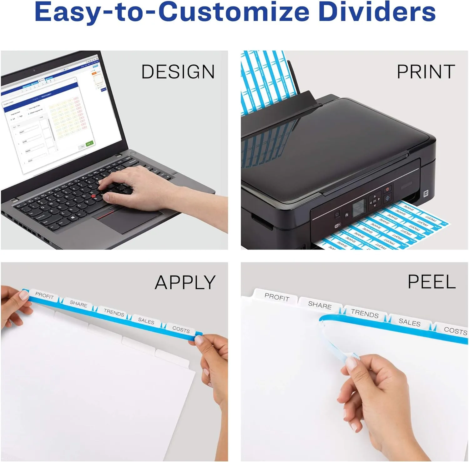 Avery 5 Tab Dividers for 3 Ring Binder, Easy Print & Apply Clear Label Strip, Index Maker Customizable White Tabs, 25 Sets (11446)