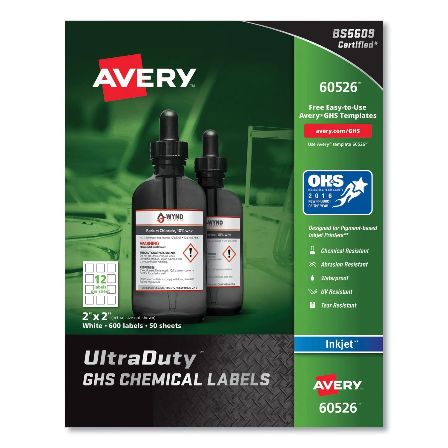 Avery® Ultraduty Ghs Chemical Waterproof And Uv Resistant Labels, 2 X 2, White, 12/sheet, 50 Sheets/pack