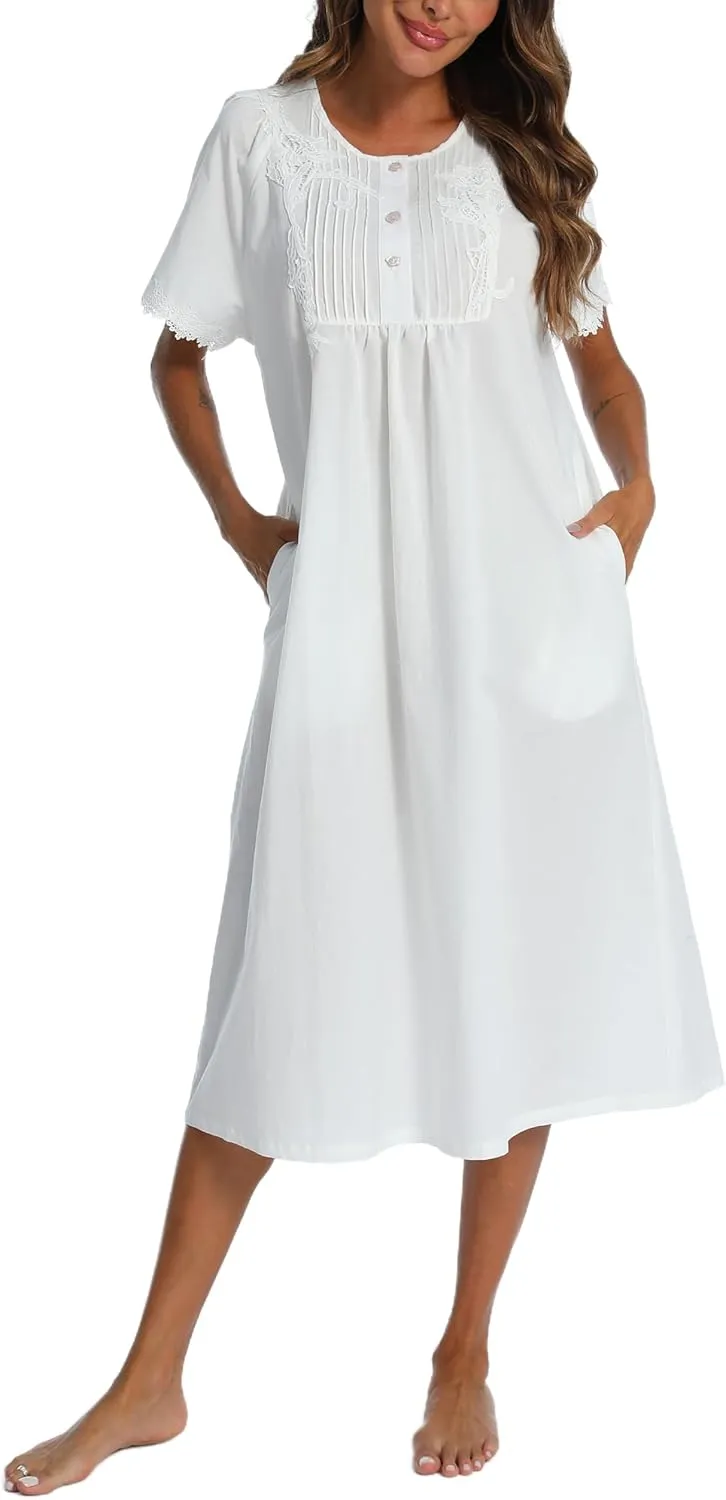 AVIIER 100% Cotton Nightgowns for Women Short Sleeve Night Gown with Pockets