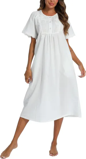 AVIIER 100% Cotton Nightgowns for Women Short Sleeve Night Gown with Pockets