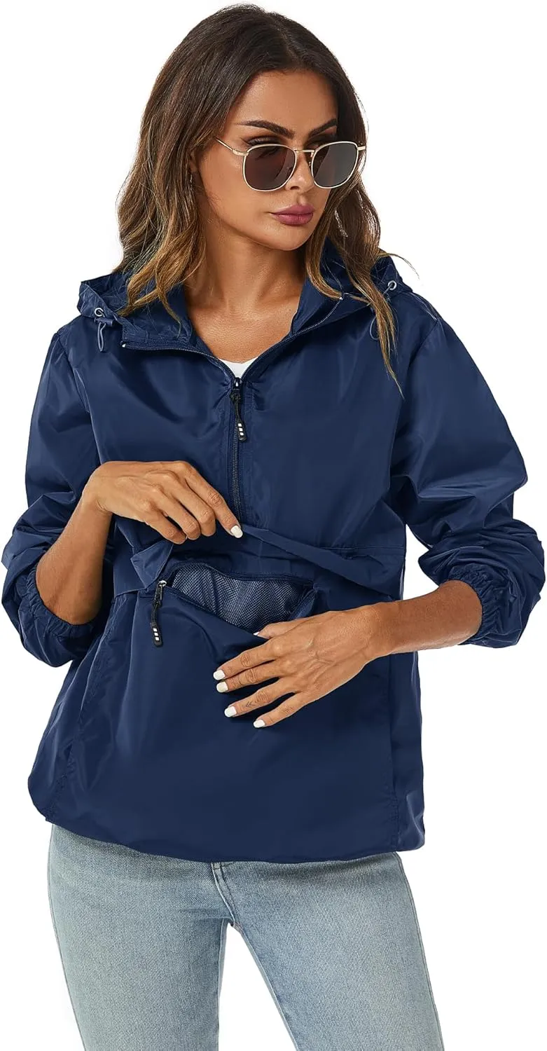 Avoogue Womens Rain Jacket with Hood,Pullover,Packable,Lightweight,Windbreaker,Waterproof,Breathable.