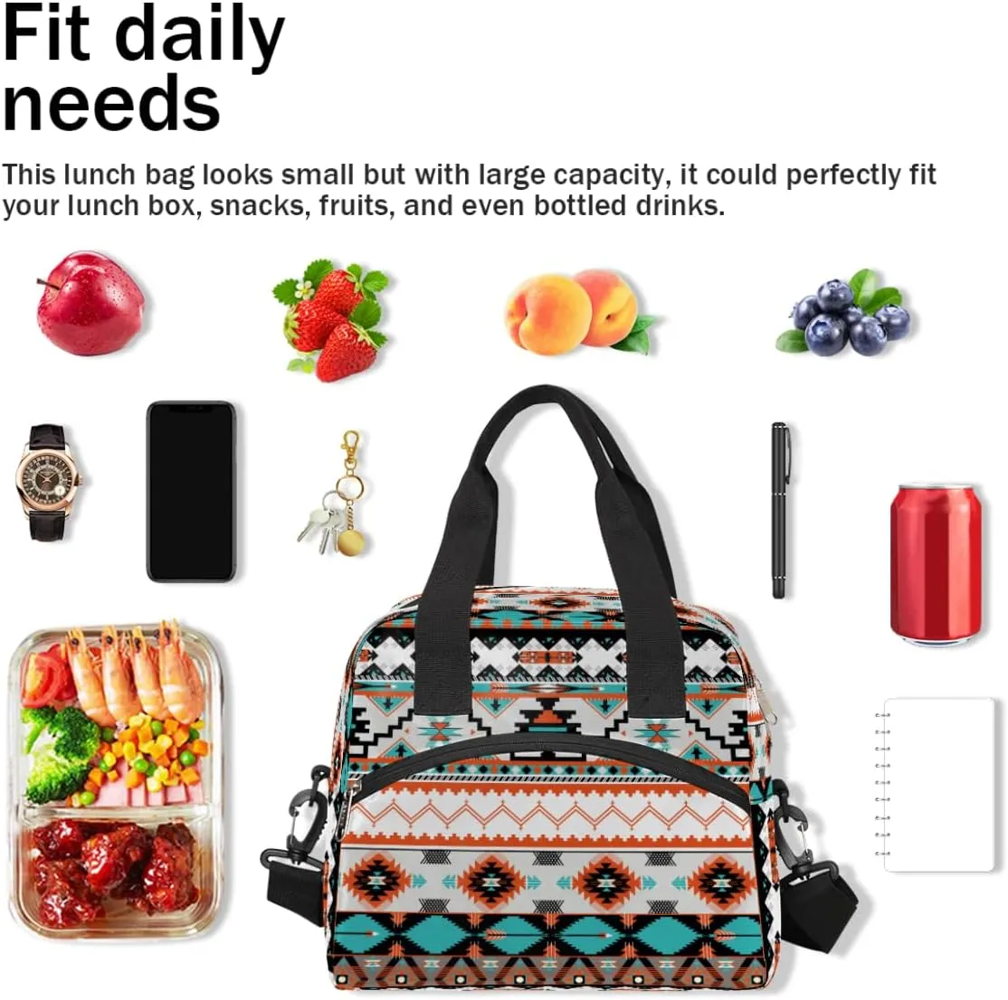Aztec Western Insulated Lunch Bag for Women Girl Large Aztec Ethnic Thermal Cooler Lunch Box Durable Tote Bag with Adjustable Shoulder Strap for Work School Office Travel Meal Prep Bag