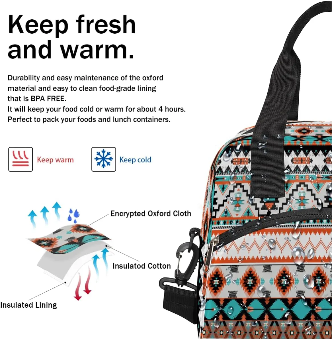 Aztec Western Insulated Lunch Bag for Women Girl Large Aztec Ethnic Thermal Cooler Lunch Box Durable Tote Bag with Adjustable Shoulder Strap for Work School Office Travel Meal Prep Bag