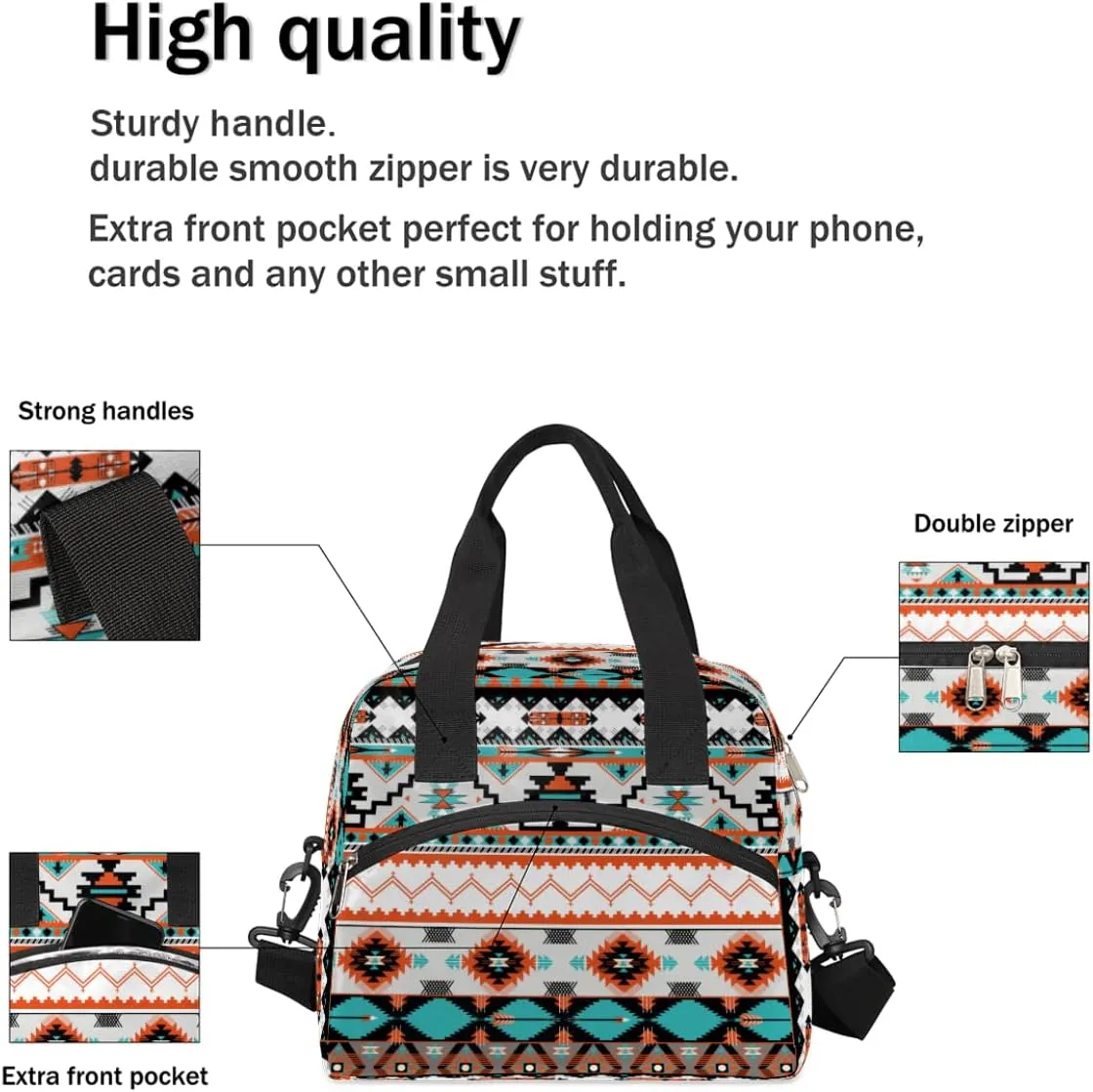 Aztec Western Insulated Lunch Bag for Women Girl Large Aztec Ethnic Thermal Cooler Lunch Box Durable Tote Bag with Adjustable Shoulder Strap for Work School Office Travel Meal Prep Bag