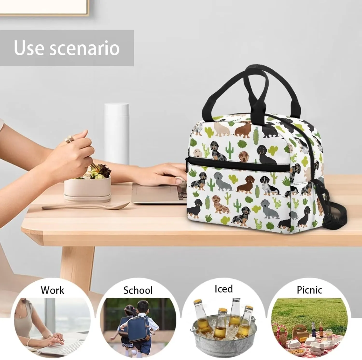 Babrukda Lunch Box Insulated Lunch Bag Waterproof with Adjustable Shoulder Strap Reusable Cross Body Tote for Kids Teens Dachshund Print