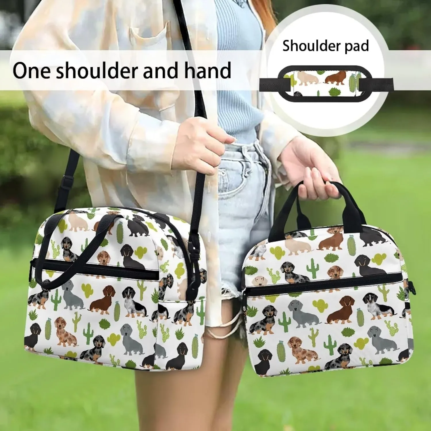 Babrukda Lunch Box Insulated Lunch Bag Waterproof with Adjustable Shoulder Strap Reusable Cross Body Tote for Kids Teens Dachshund Print