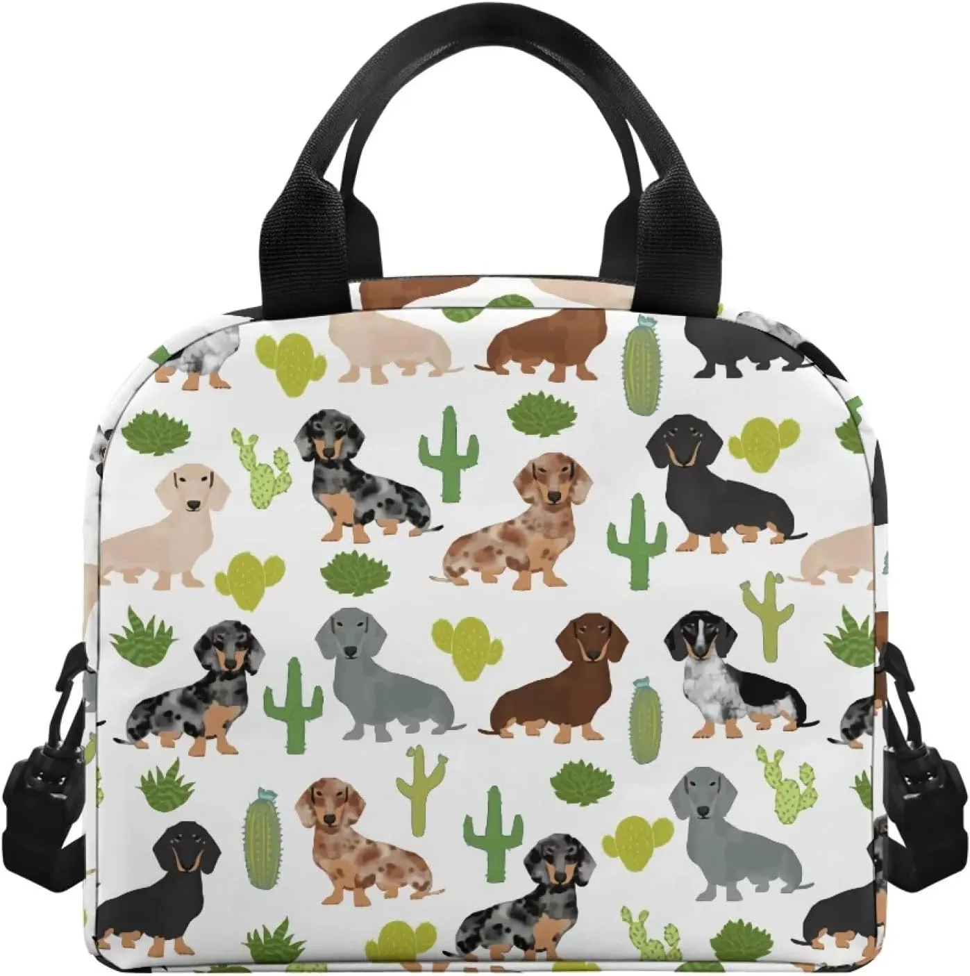 Babrukda Lunch Box Insulated Lunch Bag Waterproof with Adjustable Shoulder Strap Reusable Cross Body Tote for Kids Teens Dachshund Print