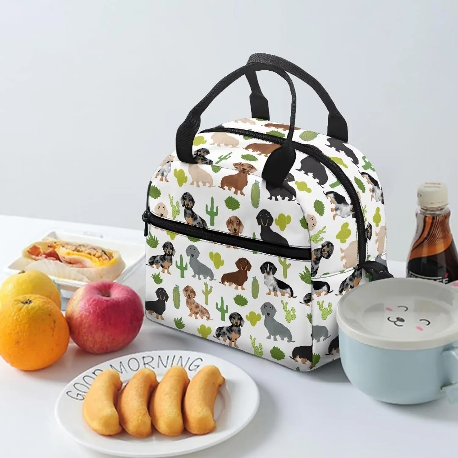 Babrukda Lunch Box Insulated Lunch Bag Waterproof with Adjustable Shoulder Strap Reusable Cross Body Tote for Kids Teens Dachshund Print